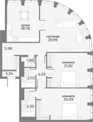 Планировка трехкомнатной(апартаменты) площадью 125.4 квадратных метров в ЖК “ЖК Sky View (Скай Вью)”