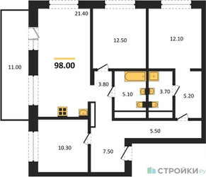 Планировка трехкомнатной(квартира) площадью 98 квадратных метров в ЖК “ЖК Квартал Метроном”