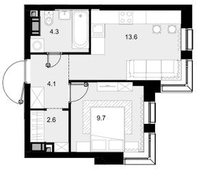 Планировка однокомнатной(квартира) площадью 34.1 квадратных метров в ЖК “ЖК Crystal Трилогия (Кристал)”