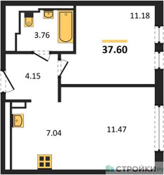 Планировка однокомнатной(квартира) площадью 37.6 квадратных метров в ЖК “ЖК Остафьево”