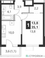 Планировка однокомнатной(квартира) площадью 35.1 квадратных метров в “ЖК 1-й Ясеневский (Первый Ясеневский)”