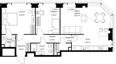 Планировка трехкомнатной(квартира) площадью 80.65 квадратных метров в ЖК “Мультиквартал СИТИДЗЕН”