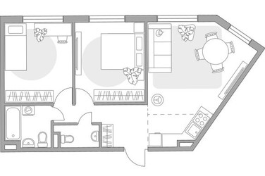 Планировка трехкомнатной(квартира) площадью 56.51 квадратных метров в ЖК “ЖК Аникеевский”