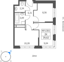 Планировка двухкомнатной(апартаменты) площадью 39.62 квадратных метров в “ЖК Волковская 67”