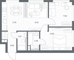 Планировка двухкомнатной(квартира) площадью 59.6 квадратных метров в “ЖК TATE (Тэйт)”