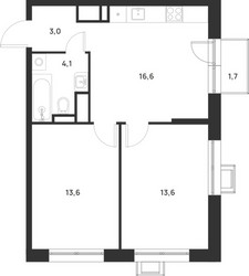 Планировка двухкомнатной(квартира) площадью 51.4 квадратных метров в ЖК “ЖК Форевиль”