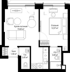 Планировка однокомнатной(квартира) площадью 38.6 квадратных метров в ЖК “ЖК Сити Бэй”