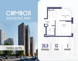 Планировка однокомнатной(квартира) площадью 36.9 квадратных метров в “ЖК Символ”