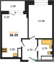 Планировка однокомнатной(квартира) площадью 36 квадратных метров в “ЖК Пушкино Град”
