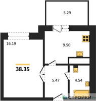 Планировка однокомнатной(квартира) площадью 38.35 квадратных метров в “ЖК ВОСТОК II”