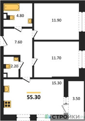 Планировка двухкомнатной(квартира) площадью 55.3 квадратных метров в ЖК “ЖК Одинцовские кварталы”
