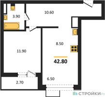 Планировка однокомнатной(квартира) площадью 42.8 квадратных метров в “ЖК Родные кварталы”