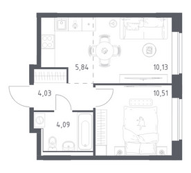 Планировка однокомнатной(квартира) площадью 34.6 квадратных метров в ЖК “ЖК Квартал Западный”