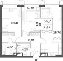 Планировка трехкомнатной(квартира) площадью 79.7 квадратных метров в “ЖК Will Towers (Вилл Тауэрс)”