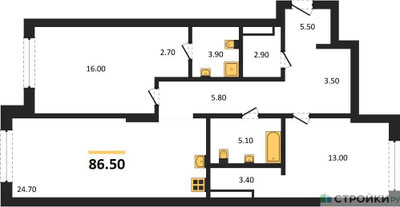 Планировка двухкомнатной(квартира) площадью 86.5 квадратных метров в ЖК “ЖК Крылатская 33”