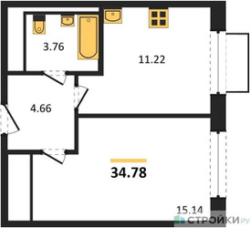 Планировка однокомнатной(квартира) площадью 34.78 квадратных метров в ЖК “ЖК Квартал Марьино”