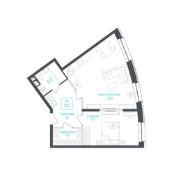 Планировка однокомнатной(апартаменты) площадью 57.3 квадратных метров в ЖК “ЖК Monodom Lake”