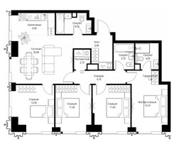 Планировка 4+ комнатной(квартира) площадью 101.7 квадратных метров в “ЖК Павелецкая Сити”