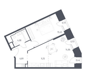 Планировка однокомнатной(апартаменты) площадью 52.43 квадратных метров в ЖК “ЖК Скай Спутник”