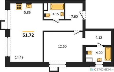 Планировка однокомнатной(апартаменты) площадью 51.72 квадратных метров в ЖК “ЖК N’ICE LOFT (Найс Лофт)”