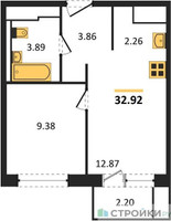 Планировка однокомнатной(квартира) площадью 32.92 квадратных метров в “ЖК Прибрежный Парк”
