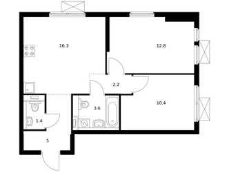 Планировка двухкомнатной(квартира) площадью 50.5 квадратных метров в ЖК “ЖК Второй Нагатинский”