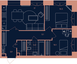 Планировка трехкомнатной(квартира) площадью 54.7 квадратных метров в ЖК “ЖК Era (Эра)”