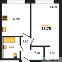 Планировка однокомнатной(апартаменты) площадью 38.7 квадратных метров в “ЖК Равновесие”