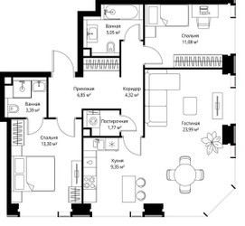 Планировка трехкомнатной(квартира) площадью 79.1 квадратных метров в ЖК “Мультиквартал СИТИДЗЕН”