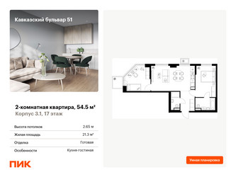 Планировка двухкомнатной(квартира) площадью 54.5 квадратных метров в ЖК “ЖК Кавказский бульвар 51”