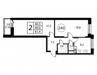 Планировка двухкомнатной(квартира) площадью 61.4 квадратных метров в ЖК “ЖК Космос”
