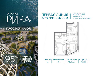 Планировка двухкомнатной(квартира) площадью 46.6 квадратных метров в ЖК “ЖК Дрим Рива”