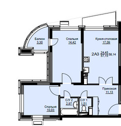 Планировка двухкомнатной(квартира) площадью 58.1 квадратных метров в ЖК “ЖК Соболевка”