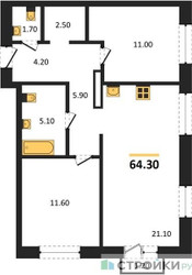 Планировка двухкомнатной(квартира) площадью 64.3 квадратных метров в ЖК “ЖК Квартал Метроном”
