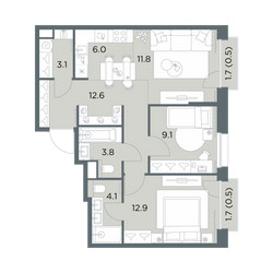 Планировка трехкомнатной(квартира) площадью 64.4 квадратных метров в ЖК “ЖК Станиславский”