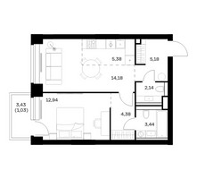 Планировка однокомнатной(квартира) площадью 48.67 квадратных метров в “ЖК НОВА”