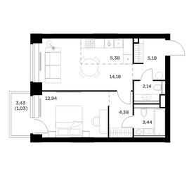 Планировка однокомнатной(квартира) площадью 48.67 квадратных метров в ЖК “ЖК НОВА”