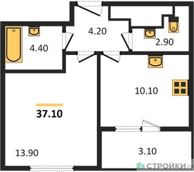 Планировка однокомнатной(квартира) площадью 37.1 квадратных метров в ЖК “ЖК Режиссер”