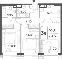 Планировка трехкомнатной(квартира) площадью 79.5 квадратных метров в “ЖК Will Towers (Вилл Тауэрс)”