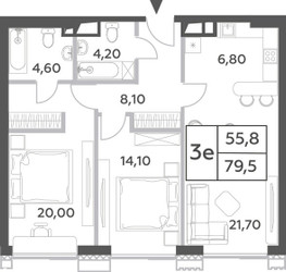 Планировка трехкомнатной(квартира) площадью 79.5 квадратных метров в ЖК “ЖК Will Towers (Вилл Тауэрс)”