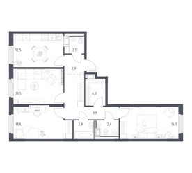 Планировка трехкомнатной(квартира) площадью 76.8 квадратных метров в ЖК “ЖК Мытищи Парк”