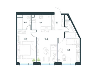 Планировка трехкомнатной(квартира) площадью 67 квадратных метров в ЖК “ЖК Левел Академическая”