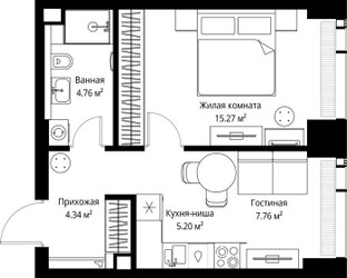 Планировка однокомнатной(квартира) площадью 37.33 квадратных метров в ЖК “ЖК Веер”