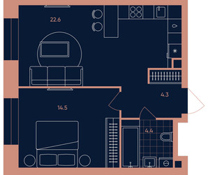 Планировка двухкомнатной(квартира) площадью 45.8 квадратных метров в ЖК “ЖК Era (Эра)”