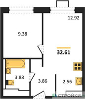 Планировка однокомнатной(квартира) площадью 32.61 квадратных метров в “ЖК Прибрежный Парк”