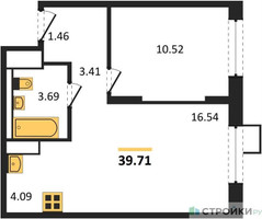Планировка однокомнатной(квартира) площадью 39.71 квадратных метров в “ЖК Пригород Лесное”
