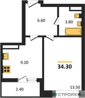 Планировка однокомнатной(квартира) площадью 34.3 квадратных метров в “ЖК Прокшино”