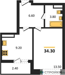 Планировка однокомнатной(квартира) площадью 34.3 квадратных метров в ЖК “ЖК Прокшино”