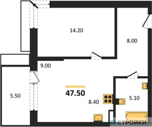 Планировка однокомнатной(квартира) площадью 47.5 квадратных метров в ЖК “ЖК Дзен-кварталы”