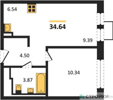 Планировка однокомнатной(квартира) площадью 34.64 квадратных метров в “ЖК Квартал Ивакино”